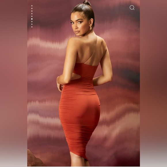 Ruched Asymmetric Midi Dress in Rust - Picture 2 of 7